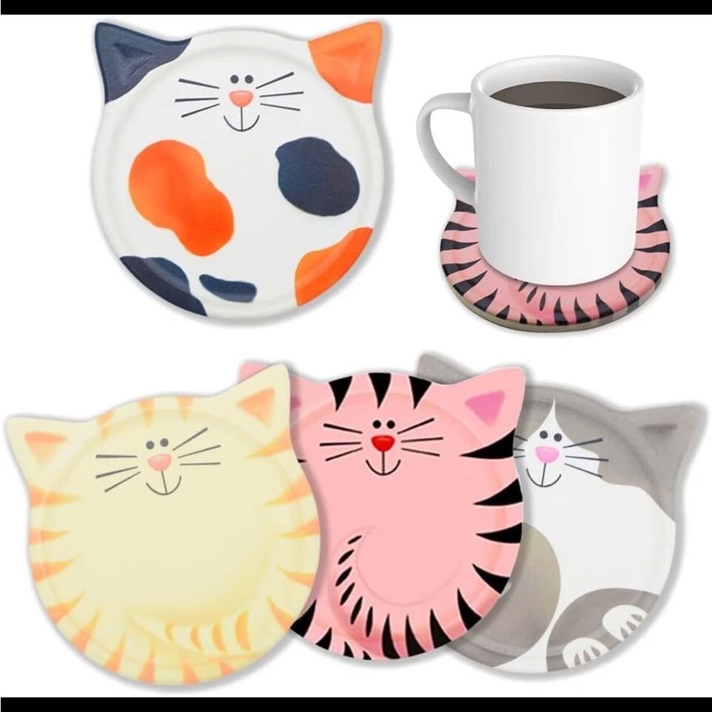 Cat Shaped Ceramic Coasters Set of 4 Funny Absorbent Multicolor Feline Home